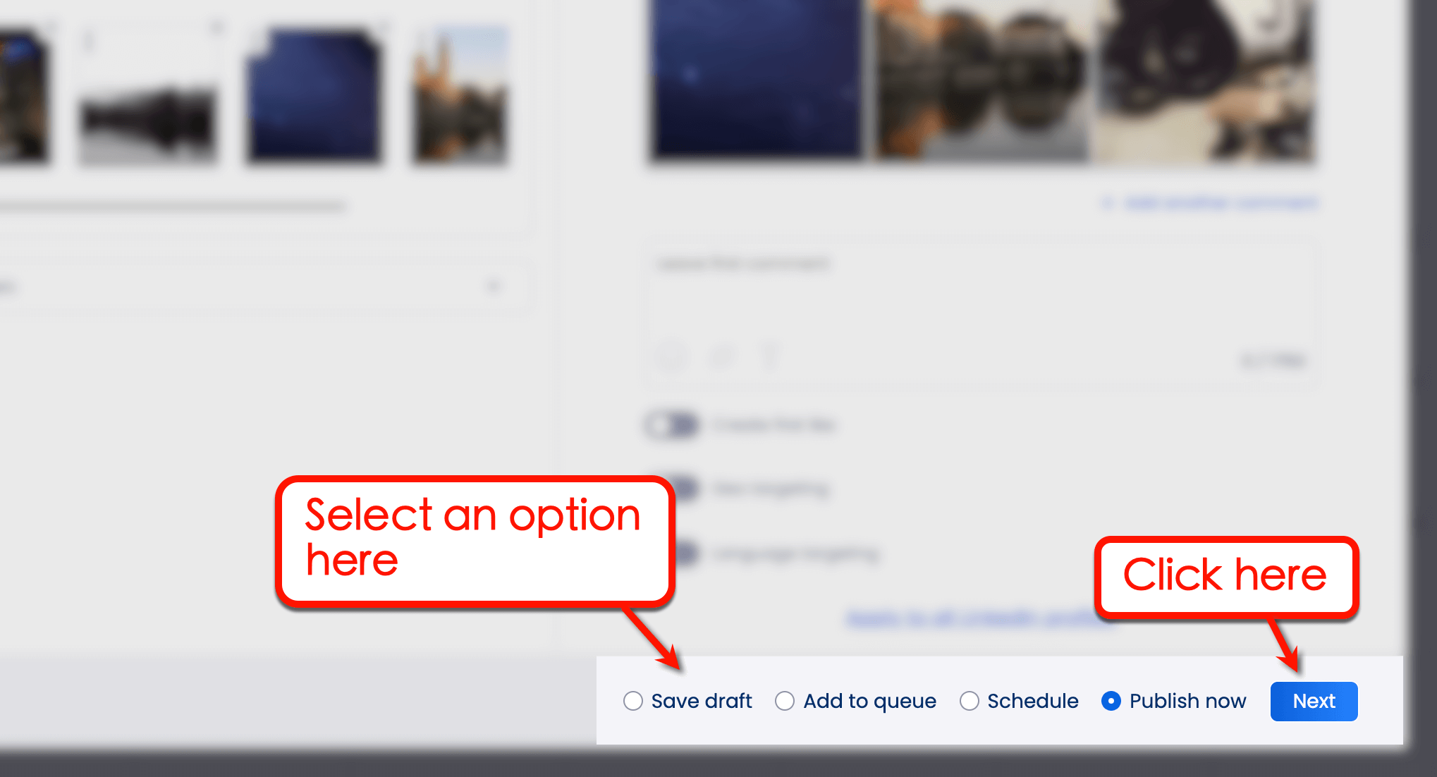 Vista Social's option to publish or save draft
