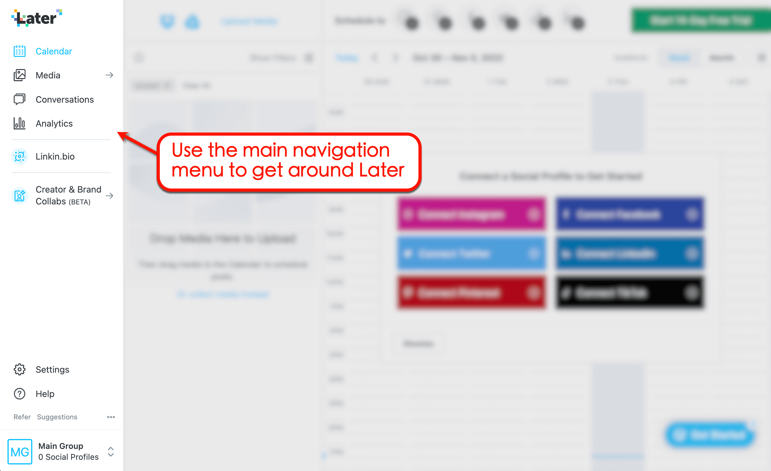 Later's main navigation