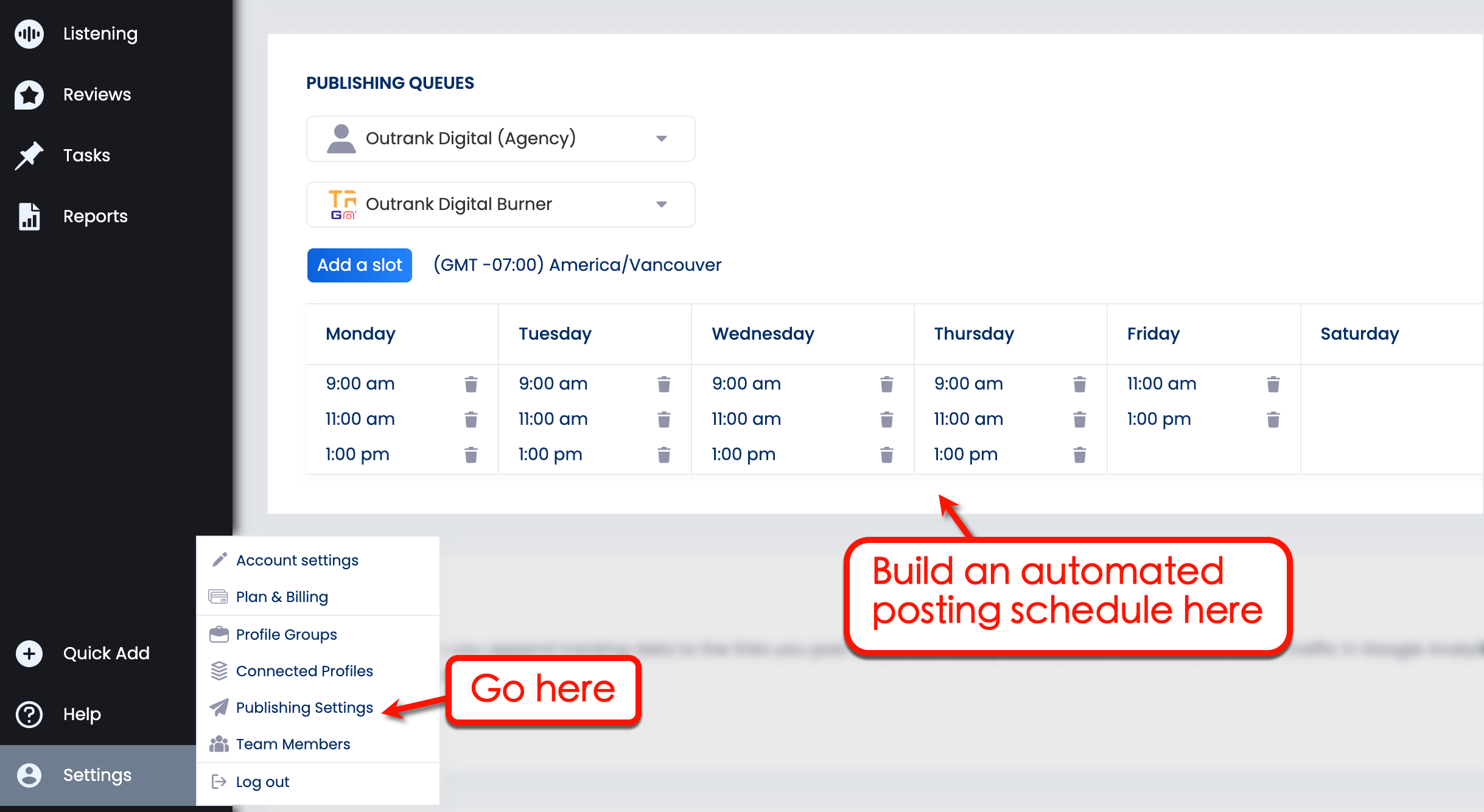 Vista Social's publishing settings