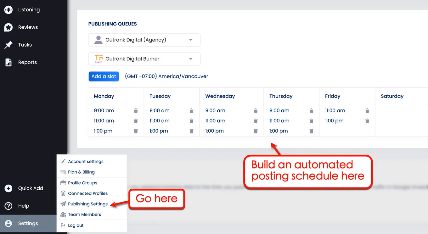 Vista Social's publishing settings