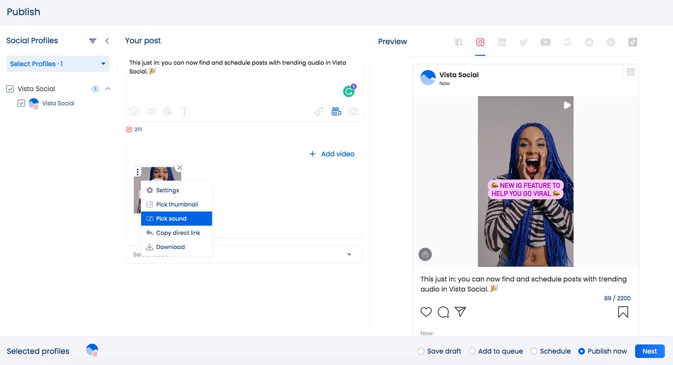 Pick a sound to add to your videos in Vista Social's Publisher