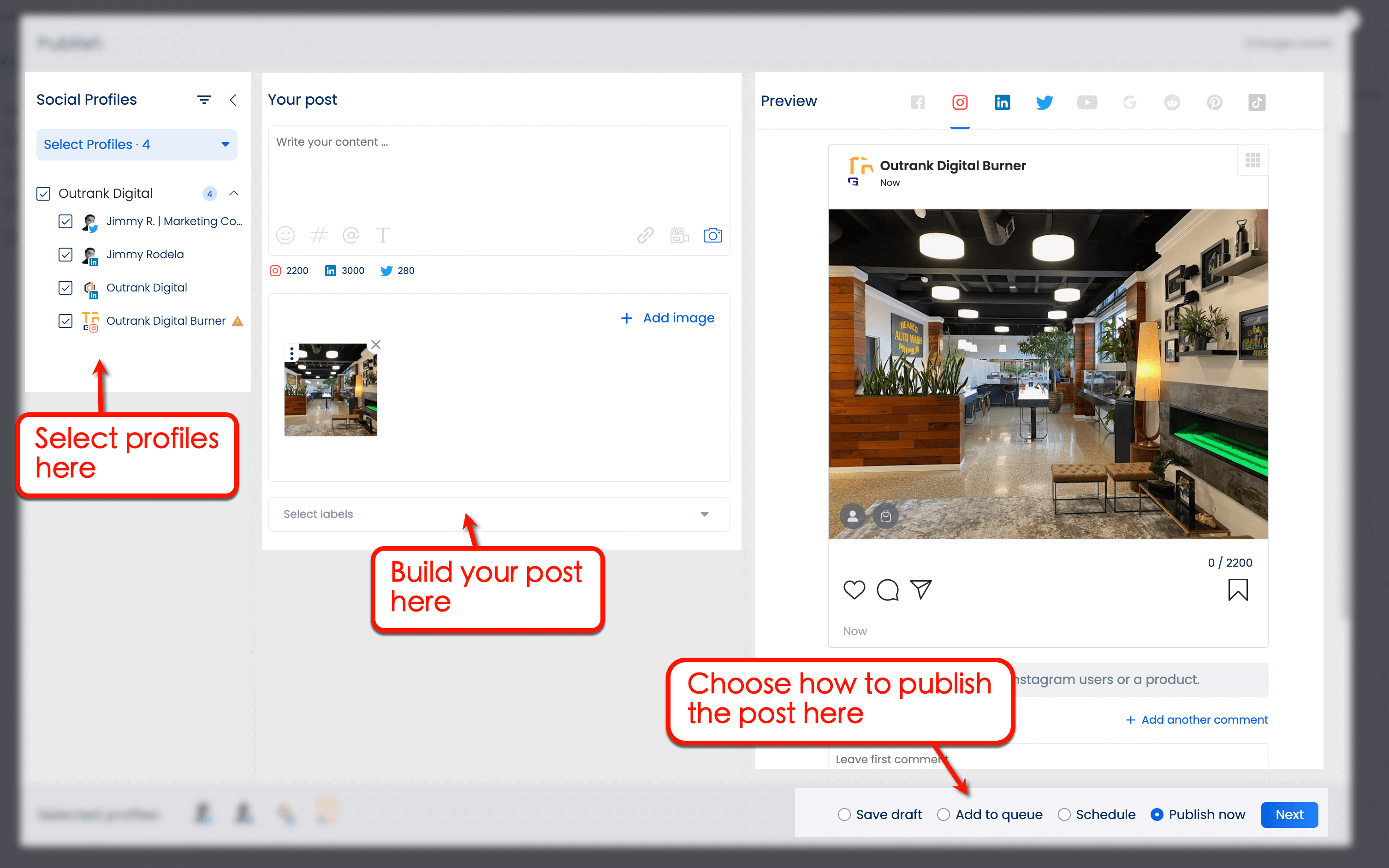 Options in Vista Social - select profiles, build post or choose how to publish your post
