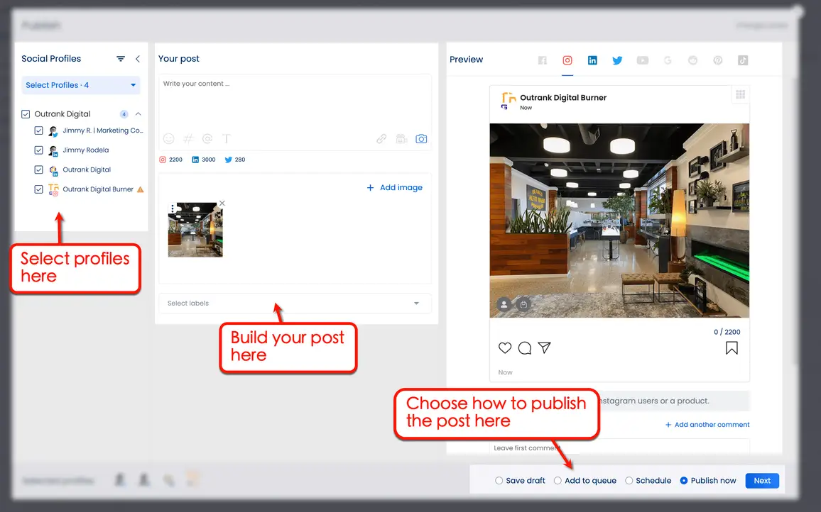 Options in Vista Social - select profiles, build post or choose how to publish your post