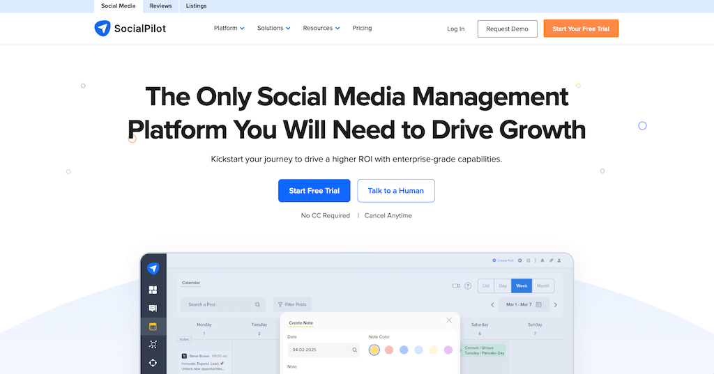 The main homepage of SocialPilot positioning it as a growth-focused social media management platform.