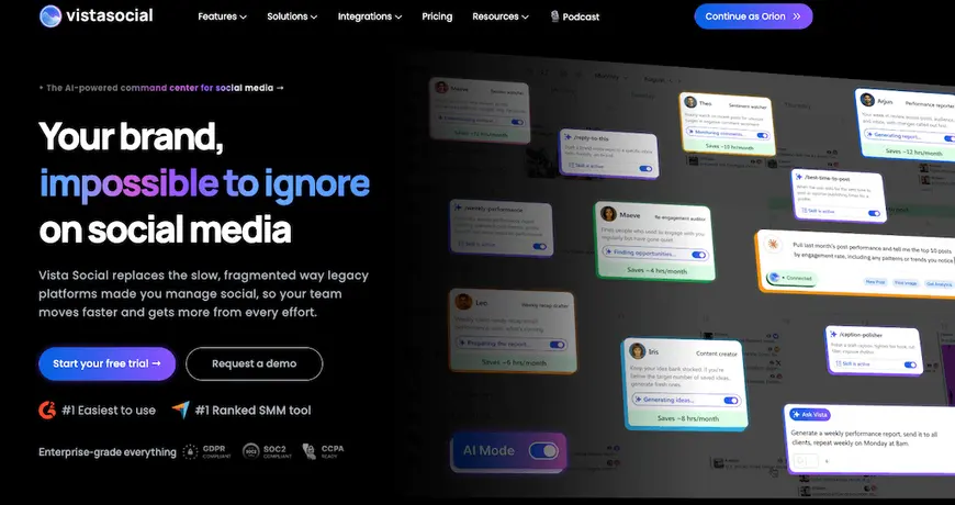 The homepage of Vista Social highlighting its positioning as an AI-powered social media command center.