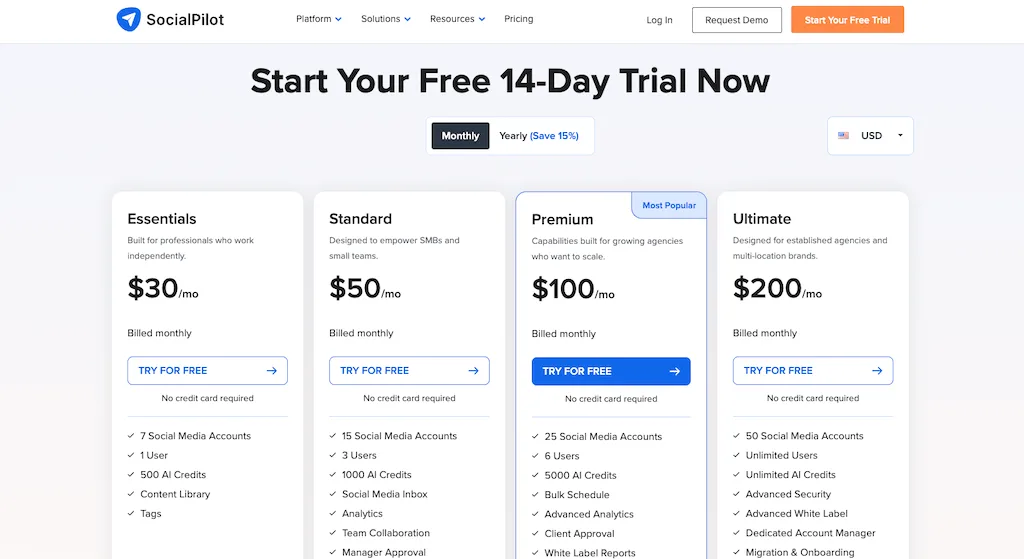 The pricing plan selection page for SocialPilot outlining Essentials, Standard, Premium, and Ultimate tiers.