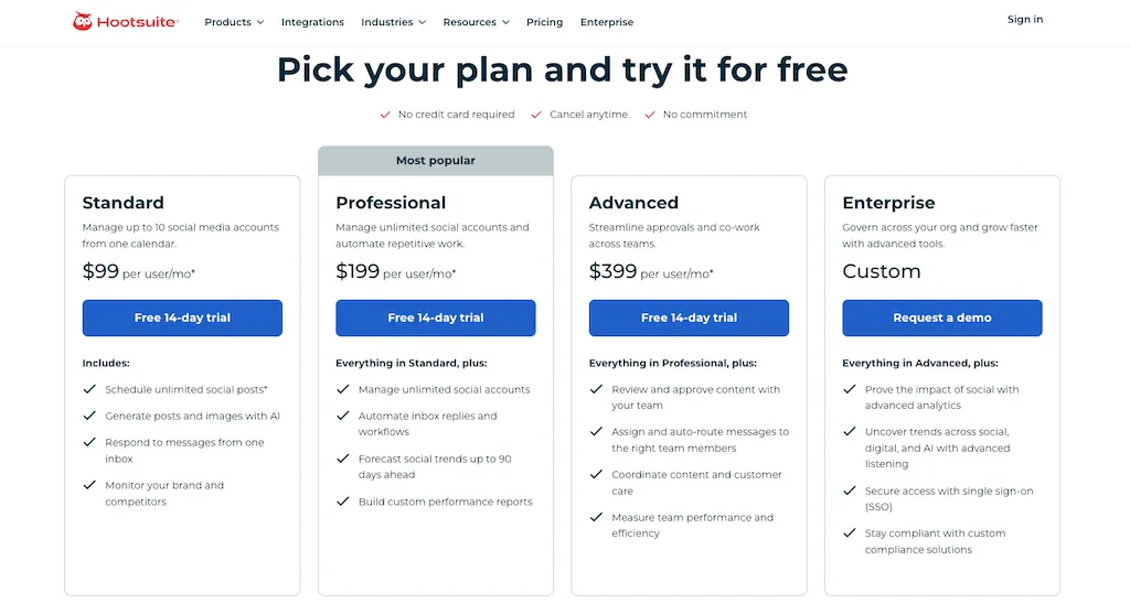 The pricing plan selection page for Hootsuite detailing Standard, Professional, Advanced, and Enterprise tiers.
