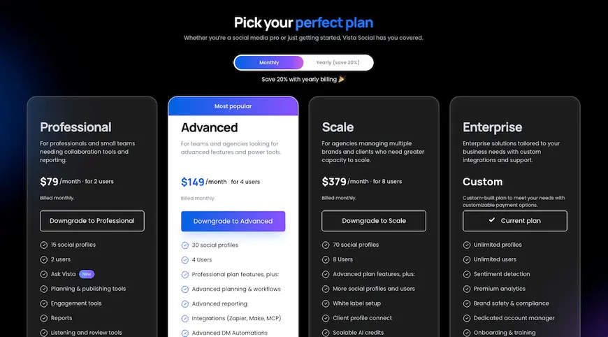 The pricing table page for Vista Social displaying Professional, Advanced, Scale, and Enterprise plans.