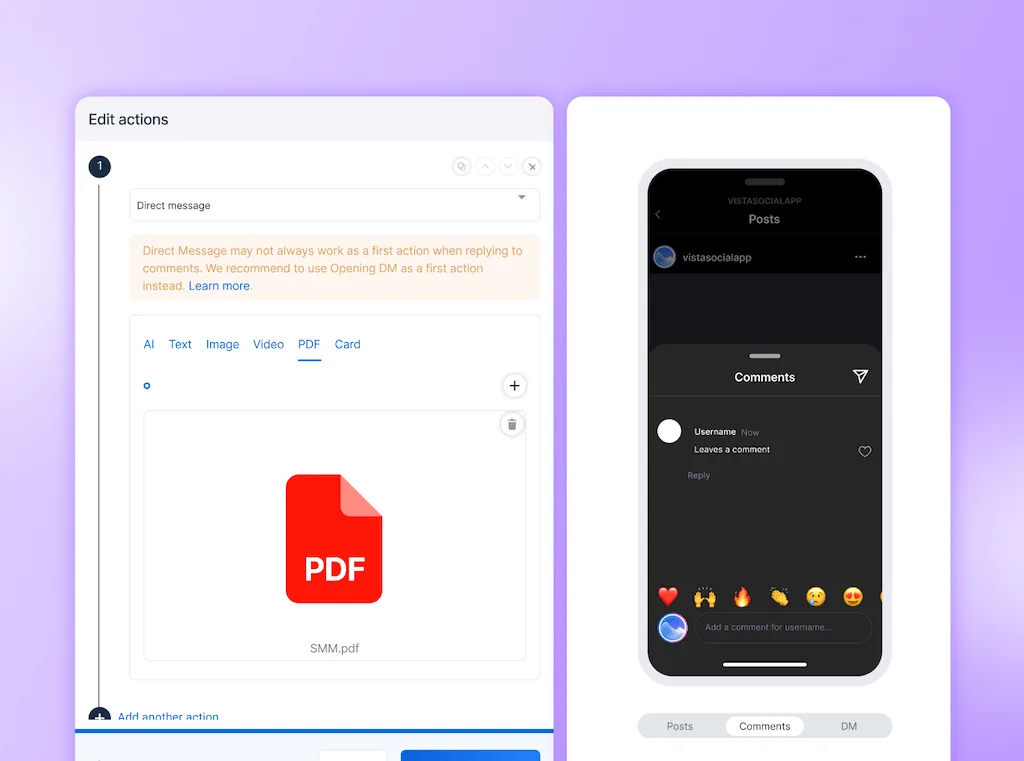An automated action setup editor for direct messages with a mobile preview sending an attached PDF file in response to comments.