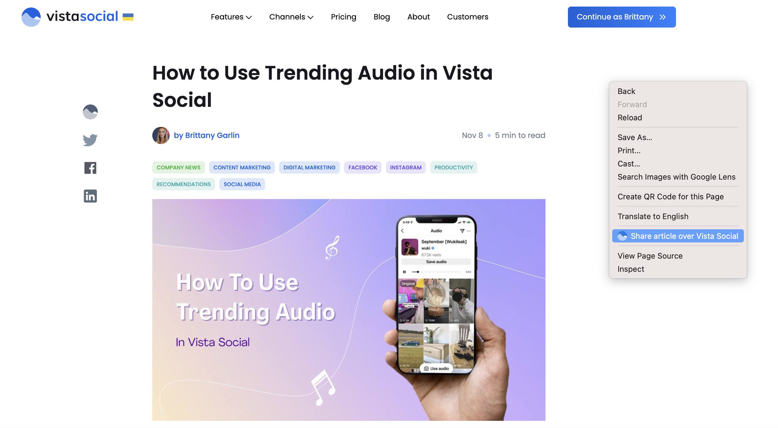 Vista Social chrome extension | share article