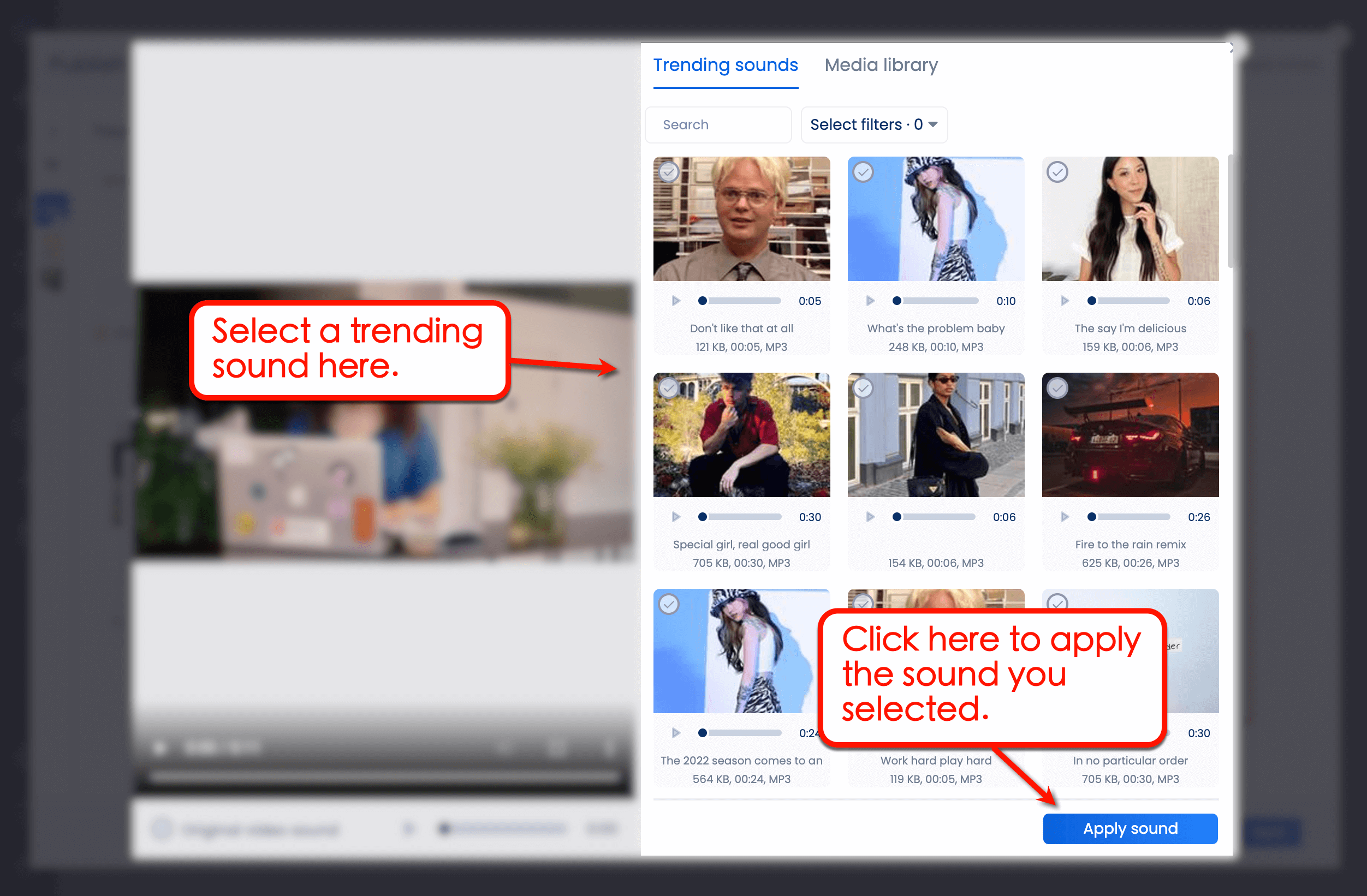 Click ‘Apply sound’ to finish preparing your video post.
