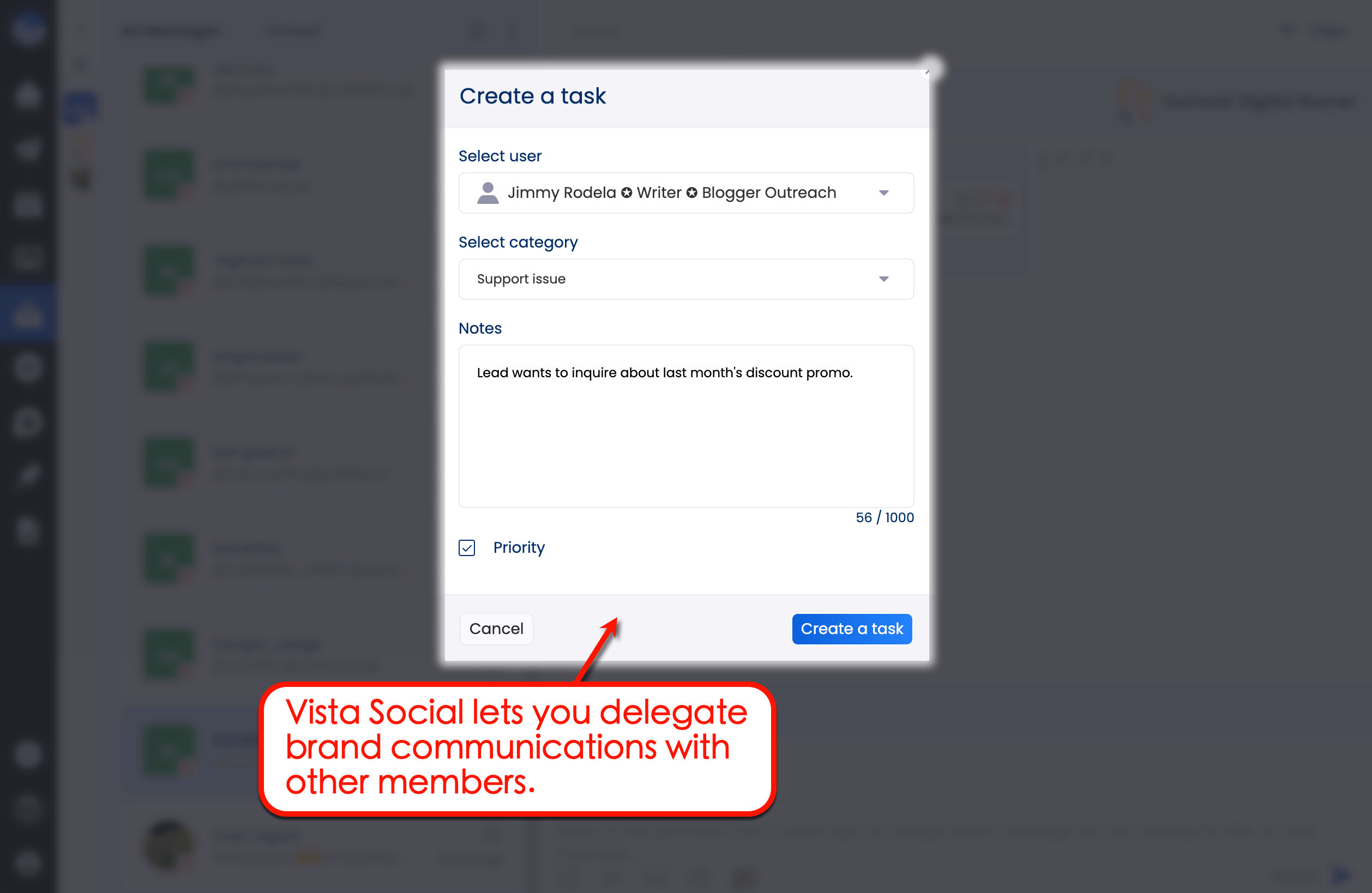 Delegate a task in Vista Social.