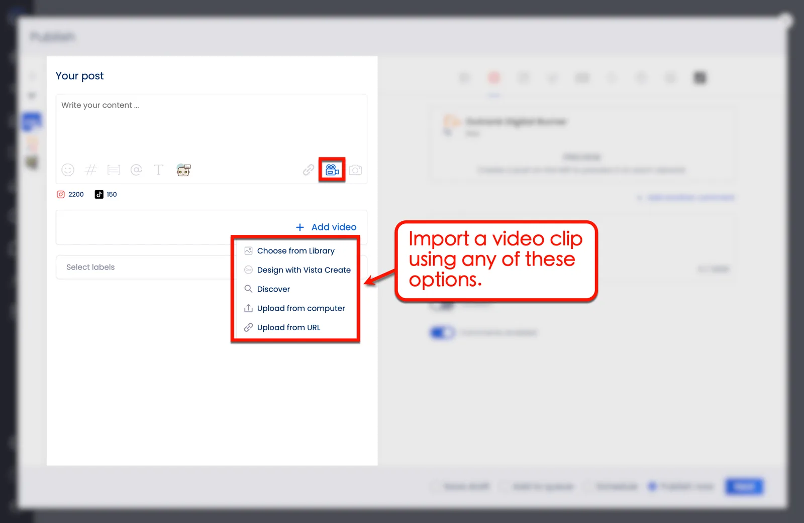 Import a video clip in Vista Social.