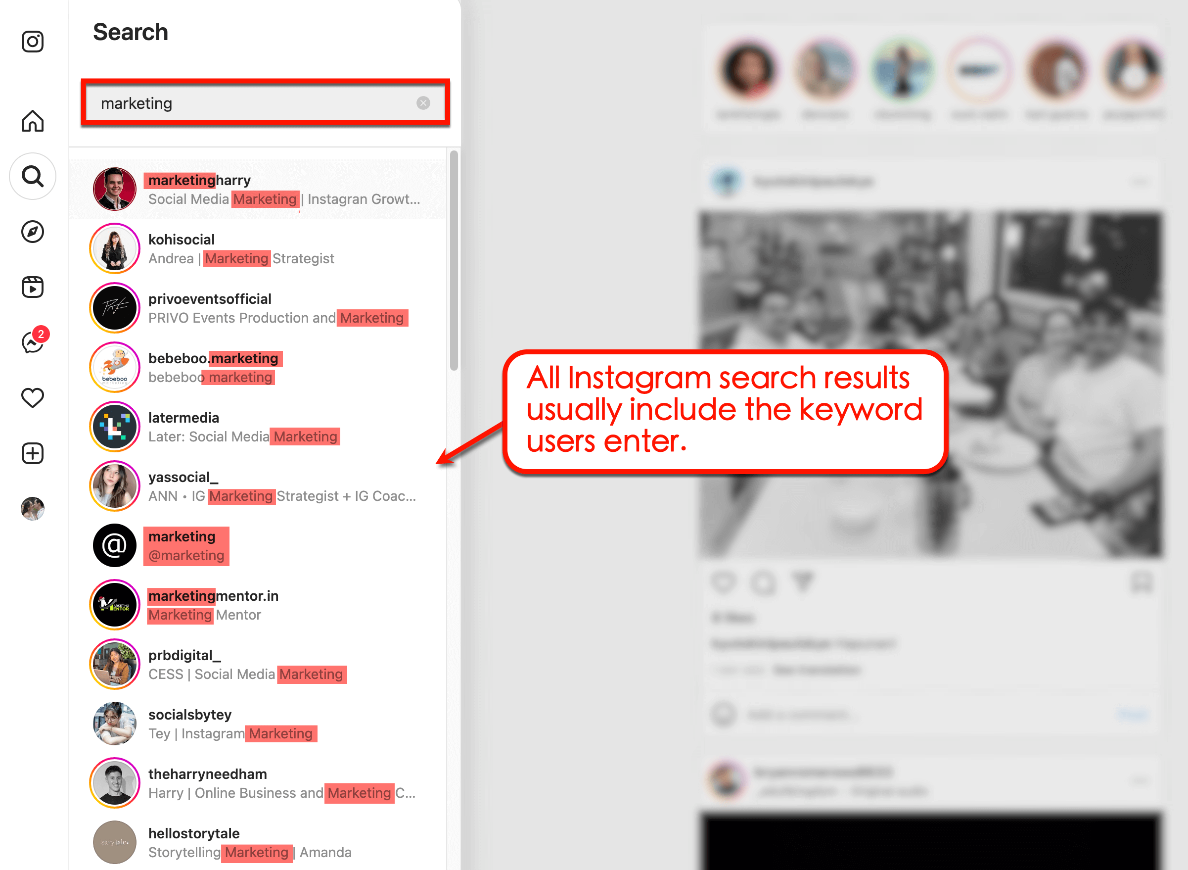 Instagram search results