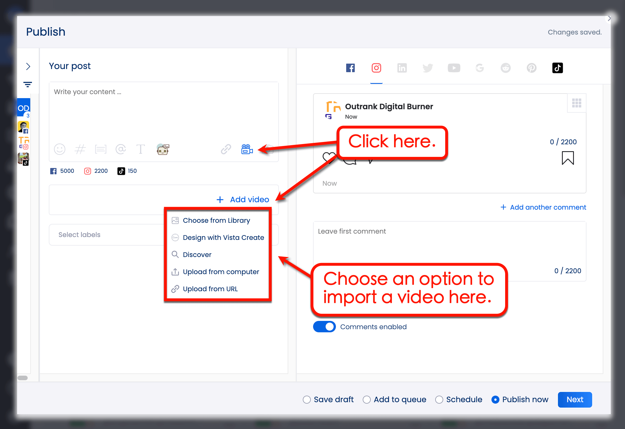 Vista Social’s publisher provides trending audio suggestions for video content.