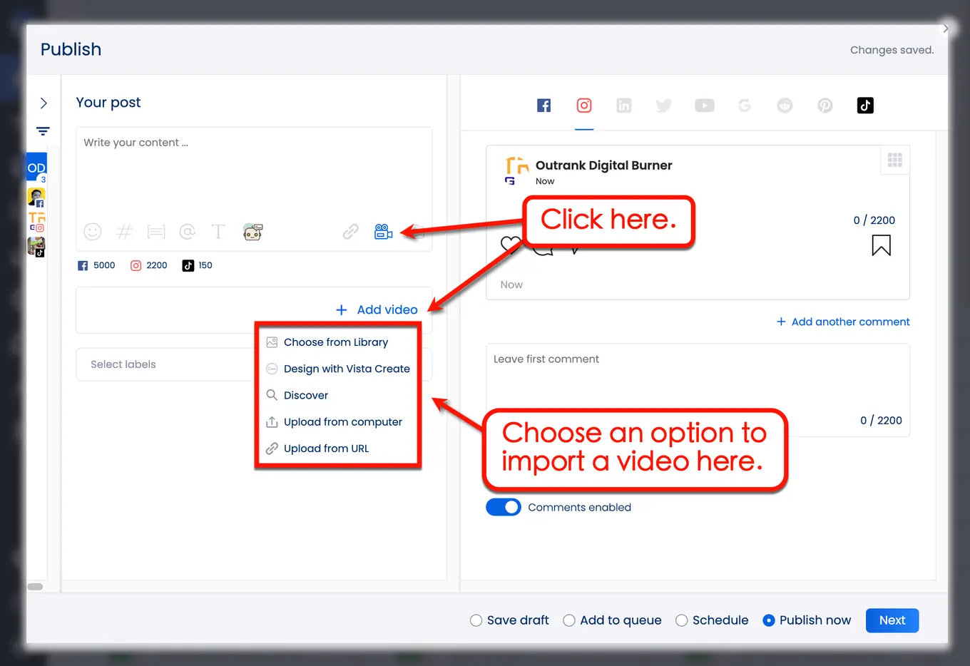 Vista Social’s publisher provides trending audio suggestions for video content.