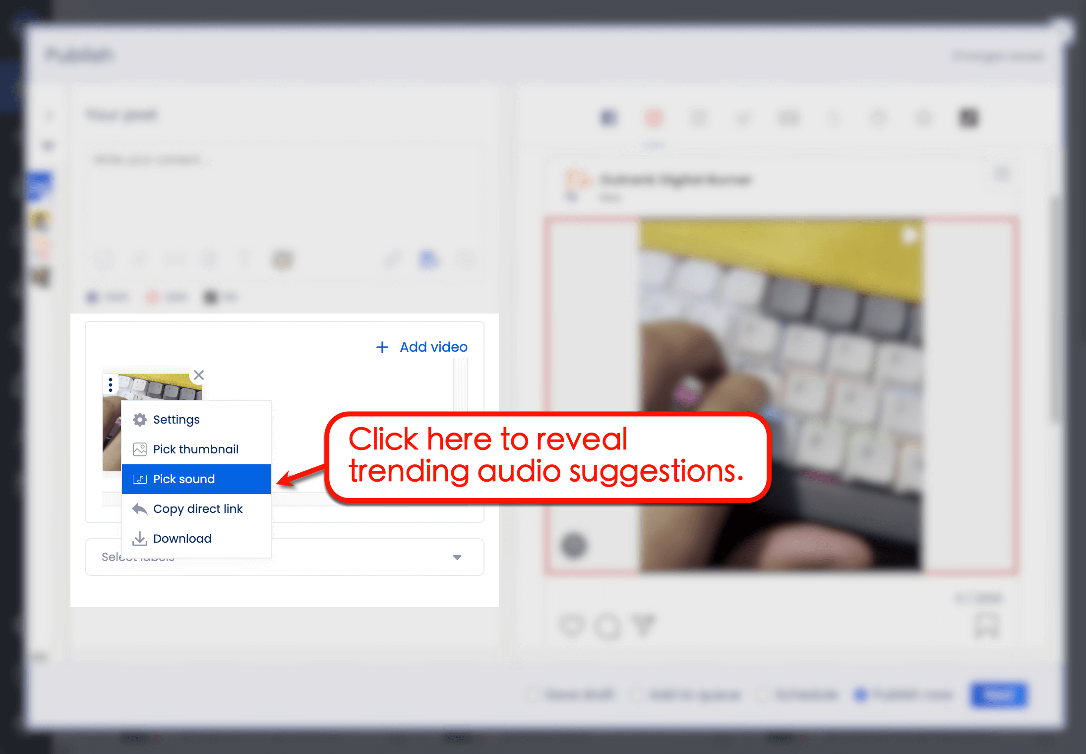 Reveal trending audio suggestions for Instagram stories, feed posts, and reels.