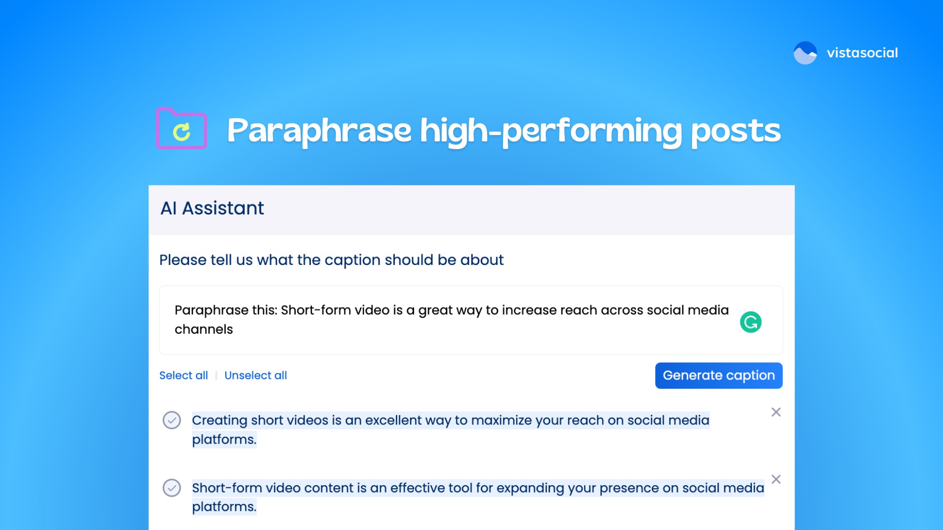 AI Social Media Text Generator - paraphrase high-performing posts - Vista Social