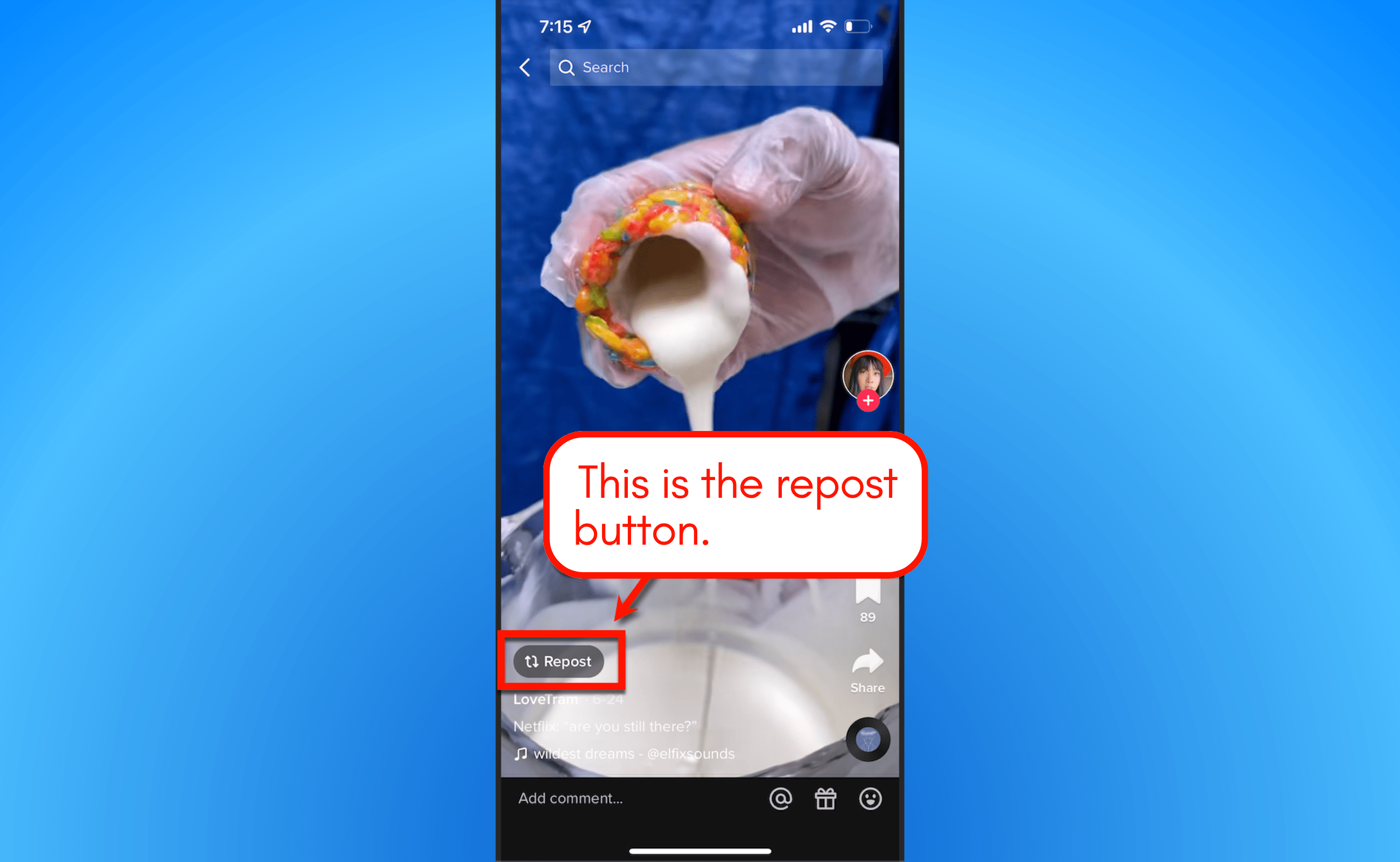 Screenshot of TikTok repost button.