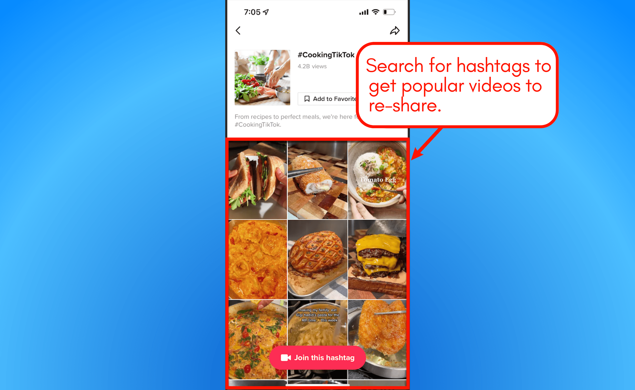 Screenshot of TikTok search for hashtags.