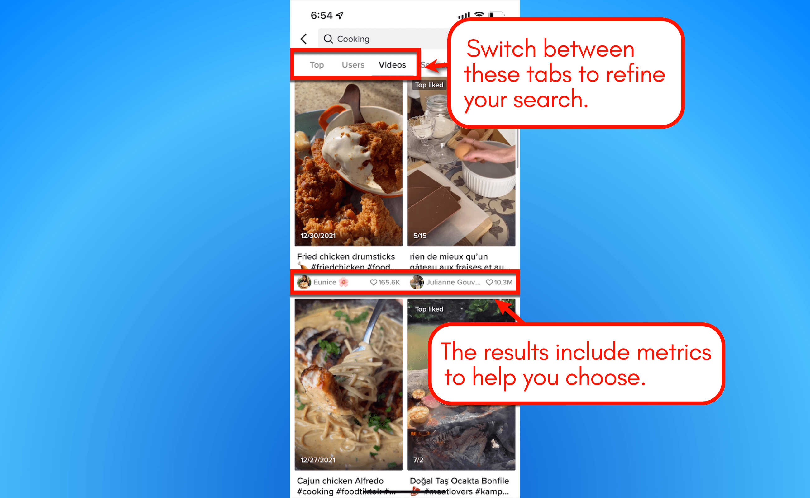 Screenshot of TikTok search tool metrics.