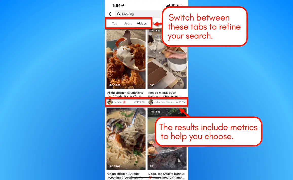 Screenshot of TikTok search tool metrics.