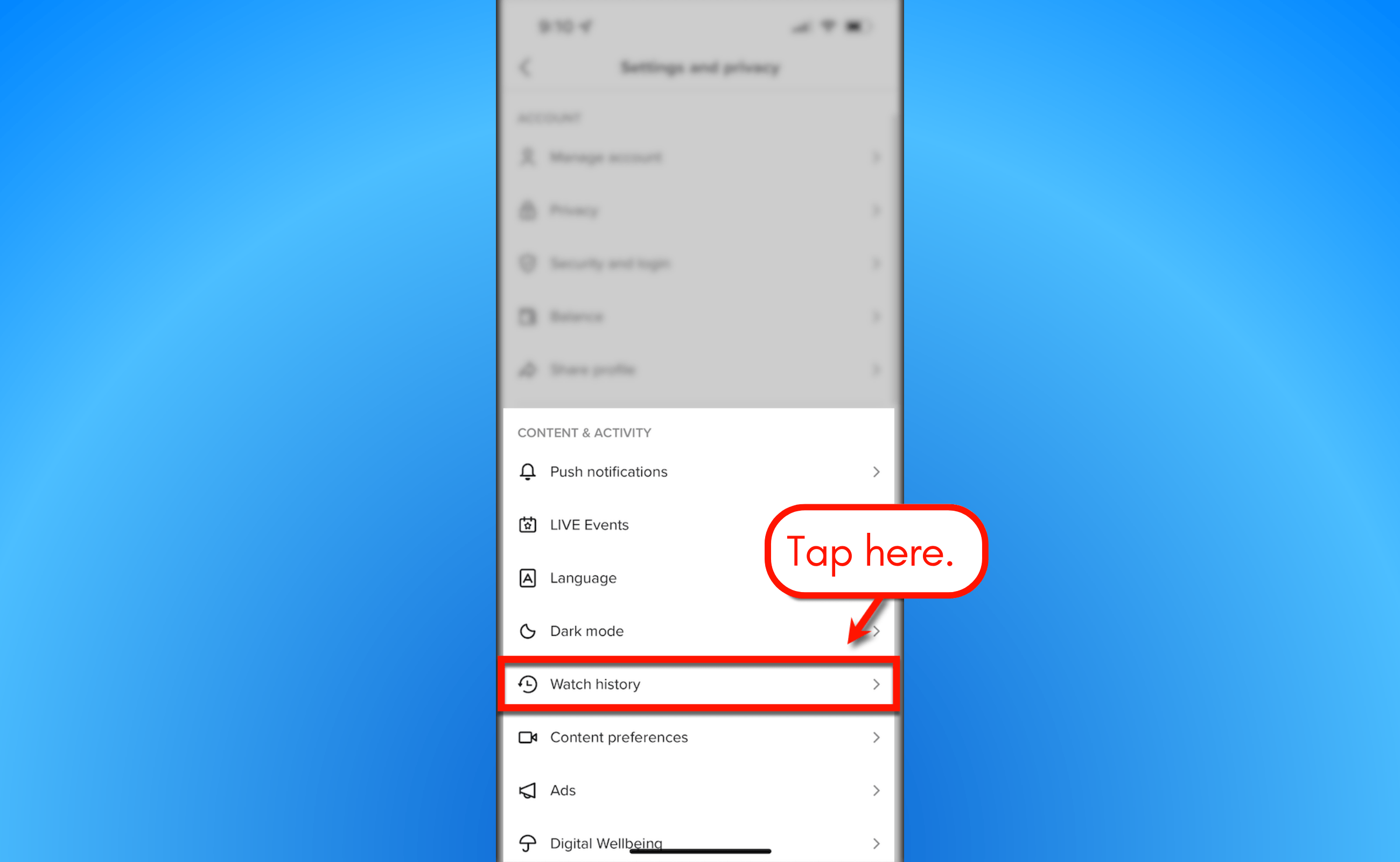 Screenshot of TikTok watch history option.
