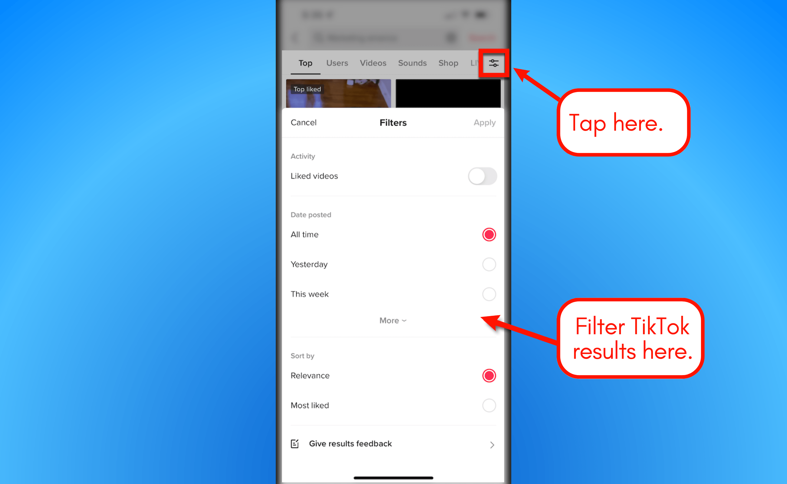 Screenshot of filtering results in TikTok.