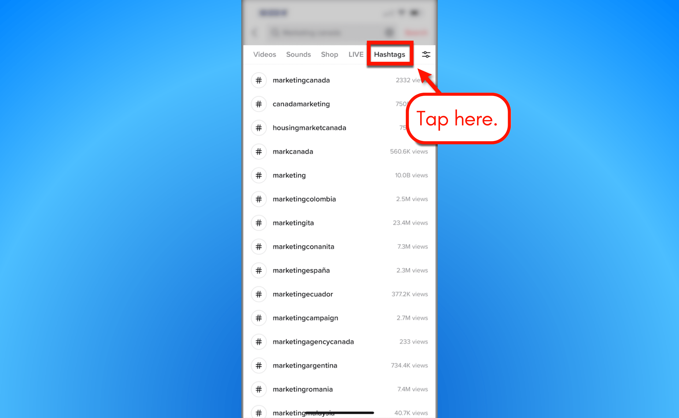 Screenshot of how to look for more hashtags in TikTok.