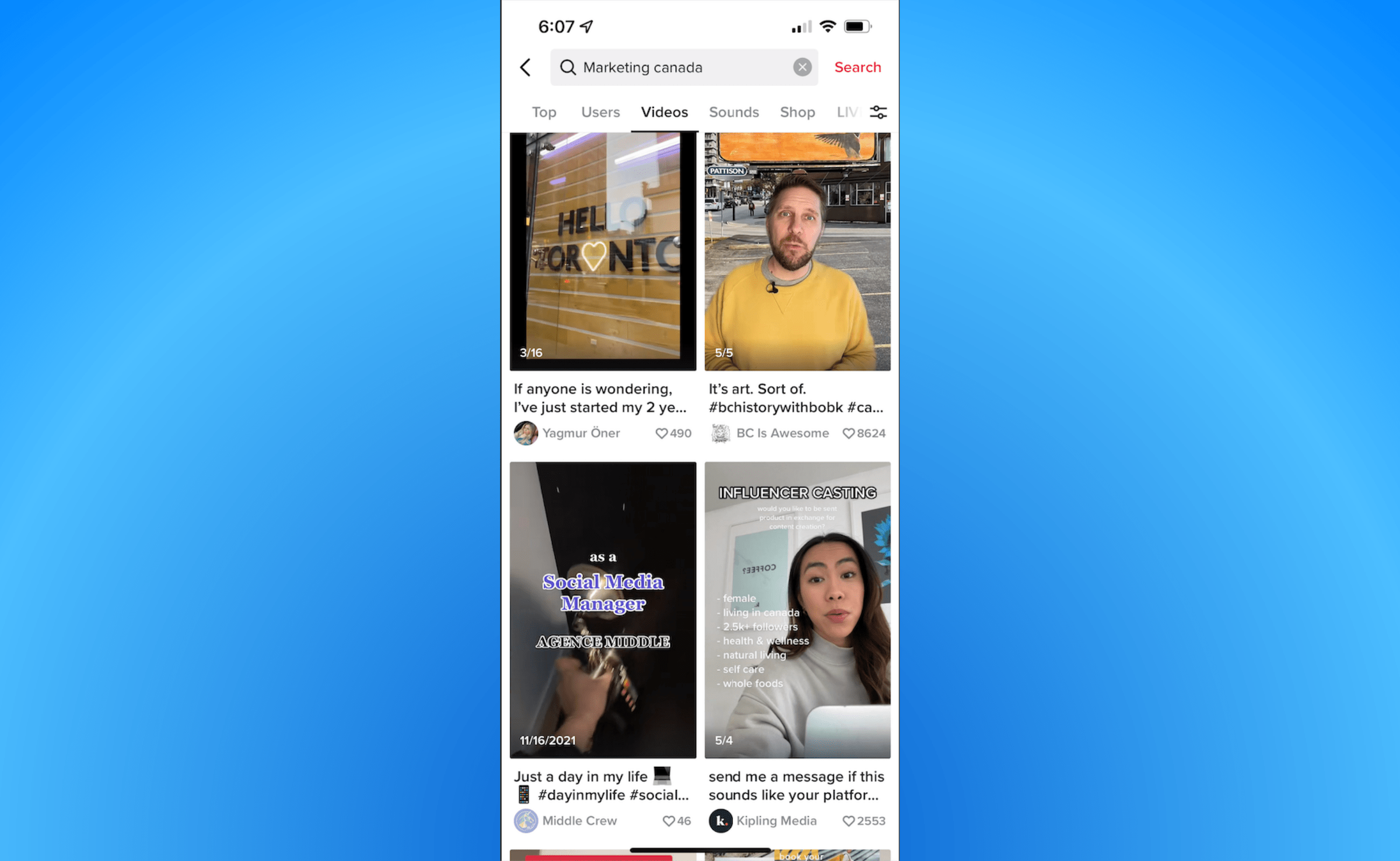 Screenshot of sample specific videos in TikTok.