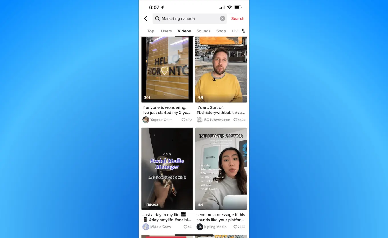 Screenshot of sample specific videos in TikTok.