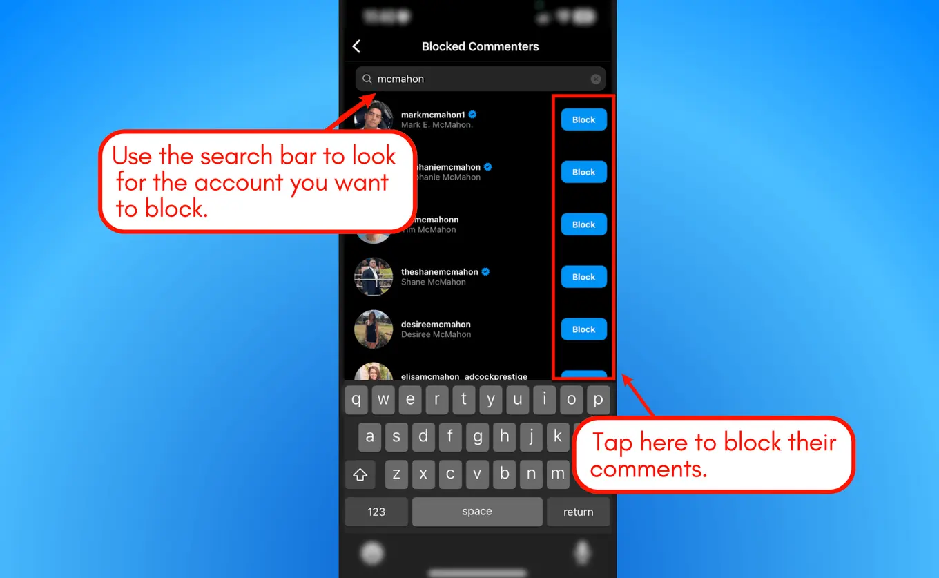 Search for the profile to block.