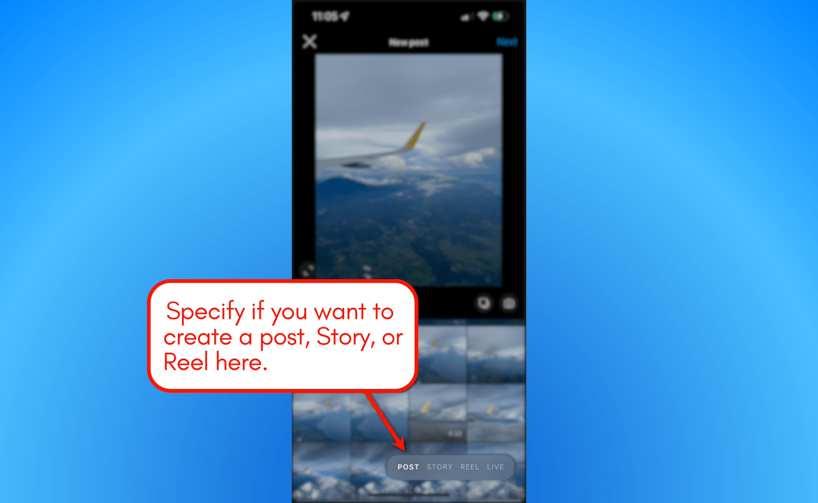 Specify if you want to create an Instagram feed post, Story, or Reel.