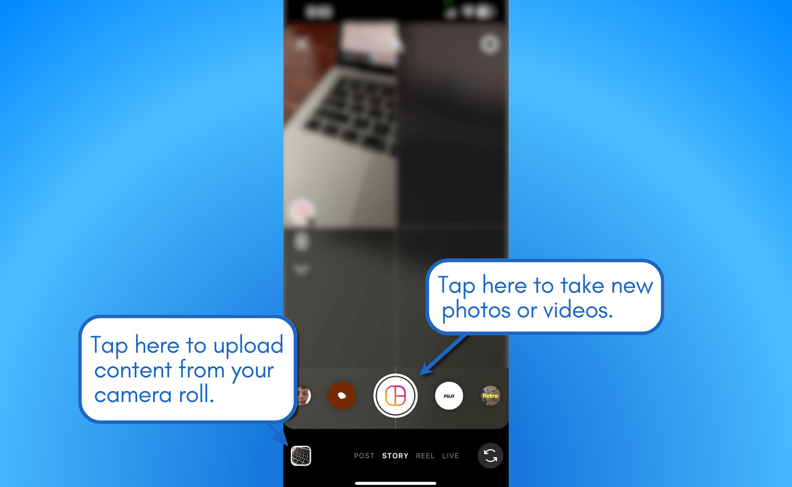 Upload from camera roll or take new photos.