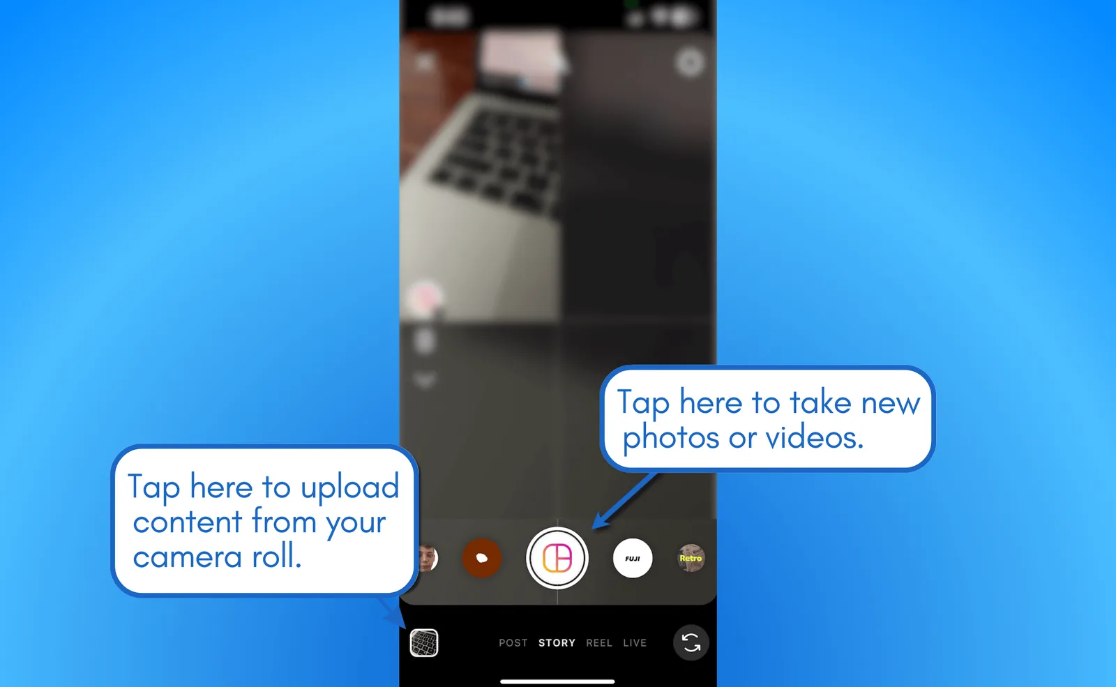 Upload from camera roll or take new photos.
