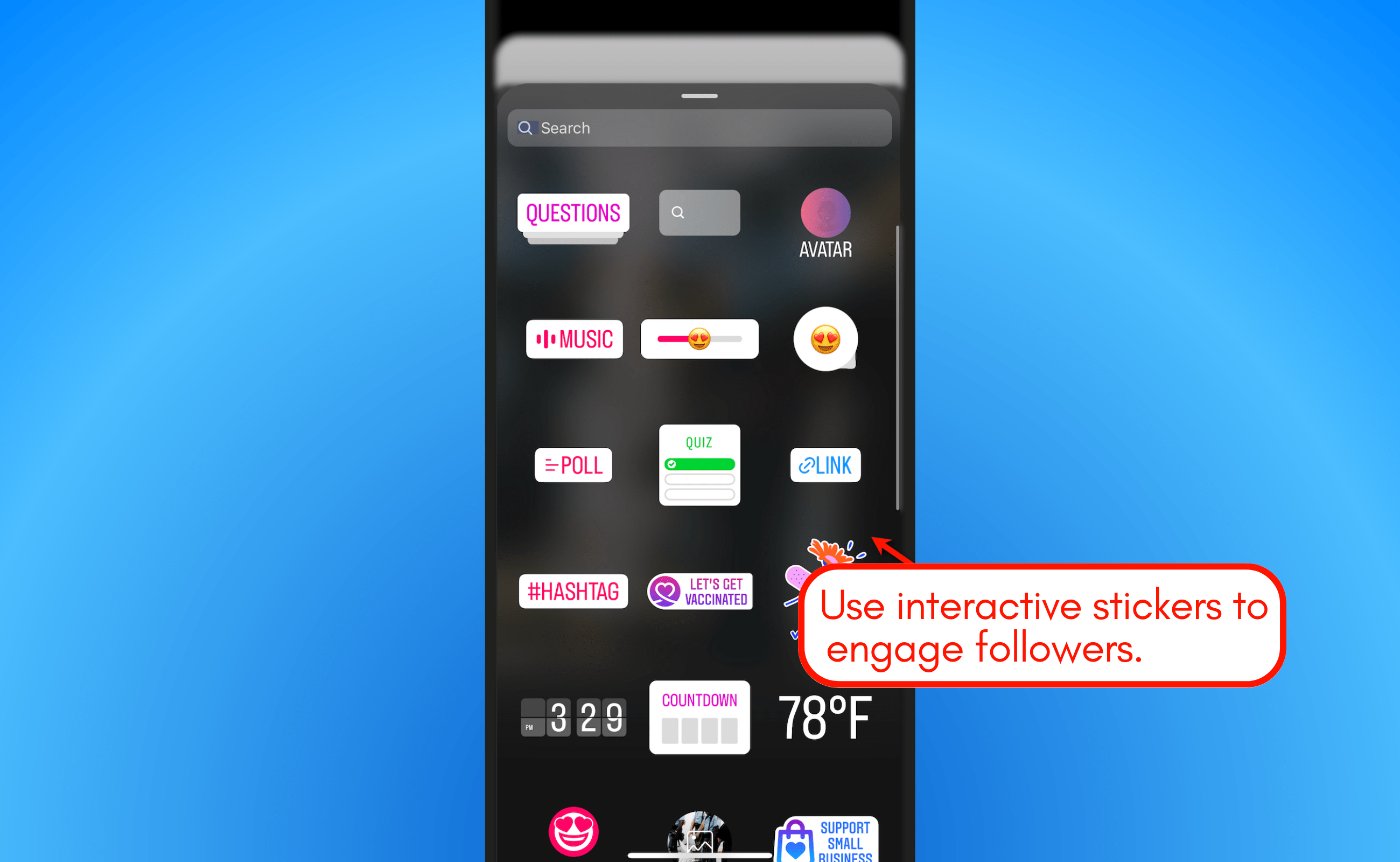 Instagram app interactive stickers for engagement.