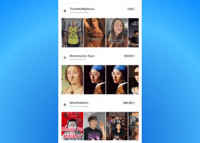 Screenshot of TikTok trends.