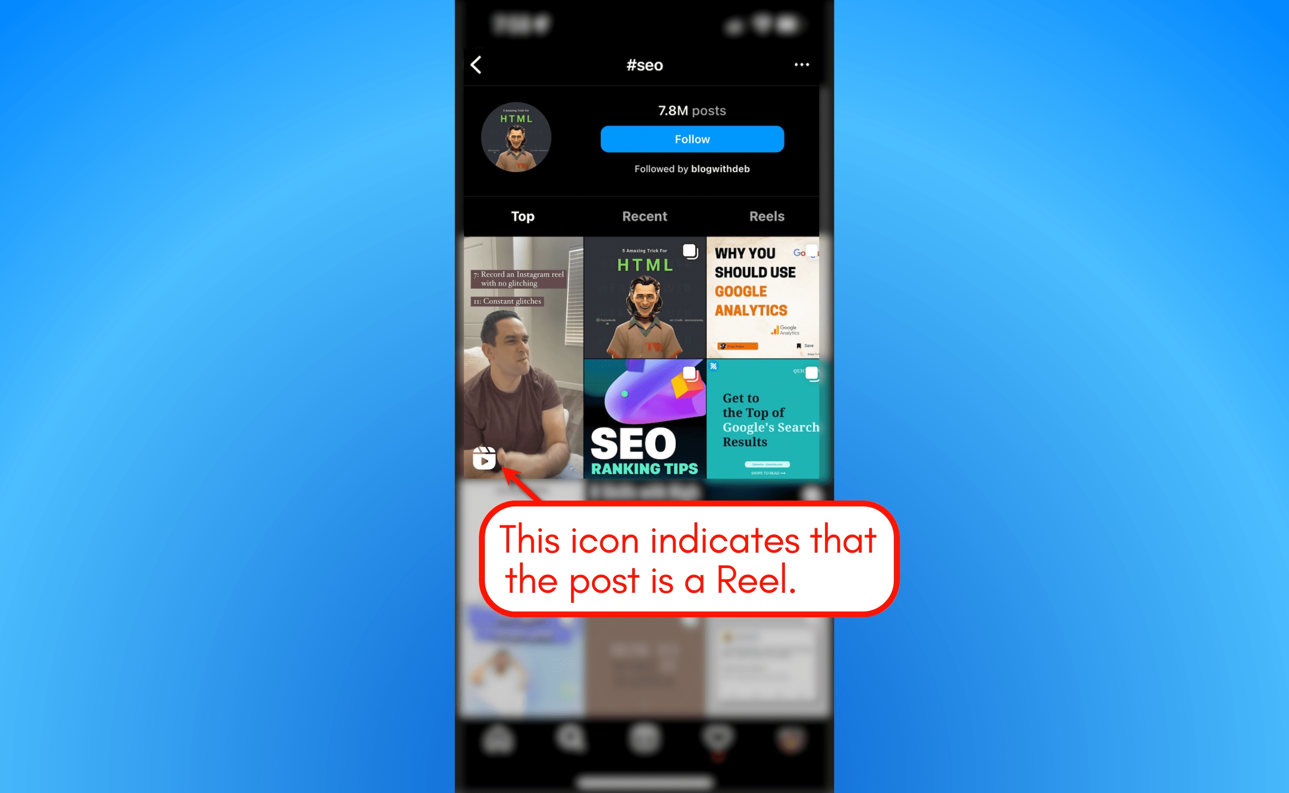 Screenshot of an icon indicating post is a reel.