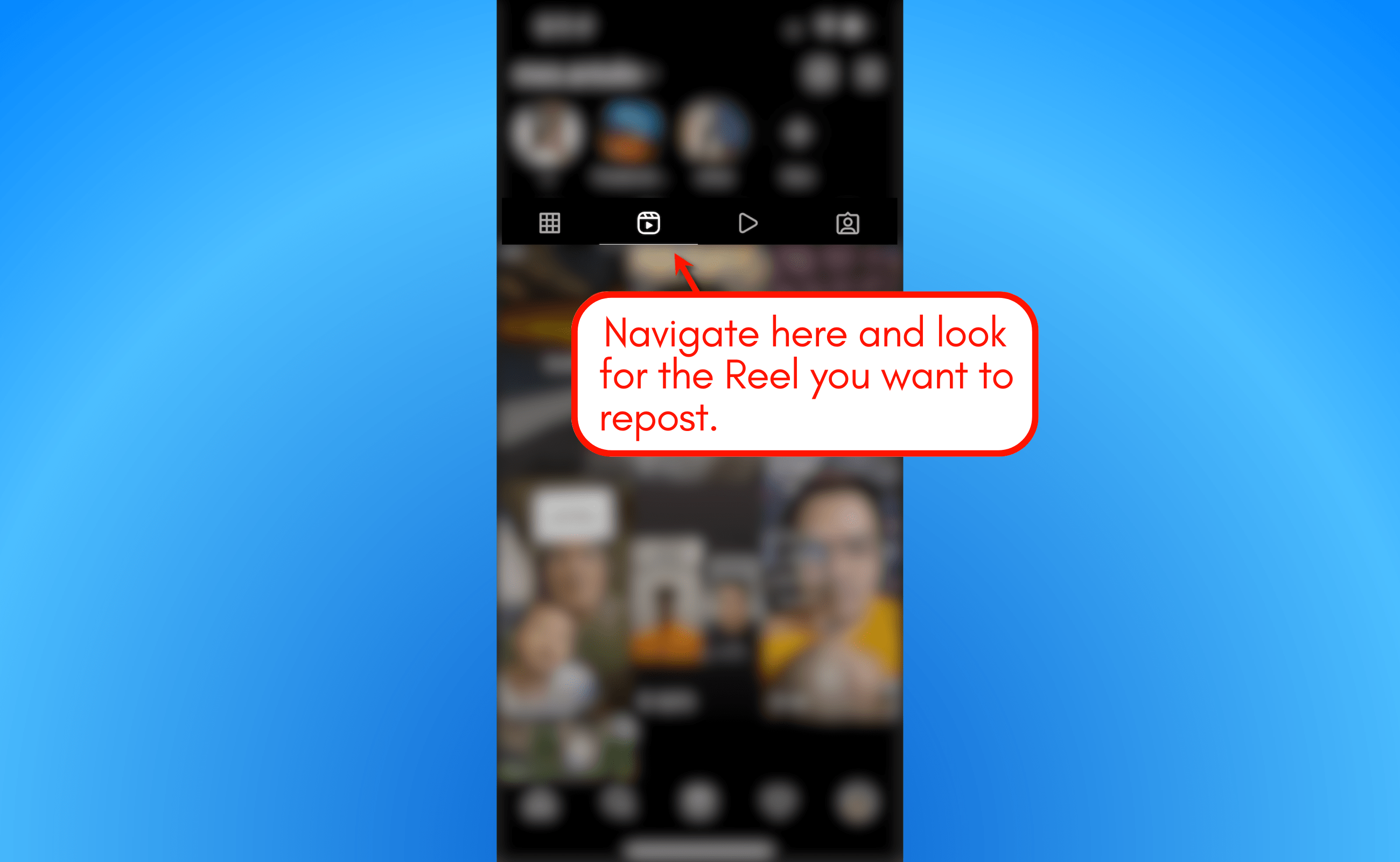 Screenshot of how to navigate IG Reel to repost.