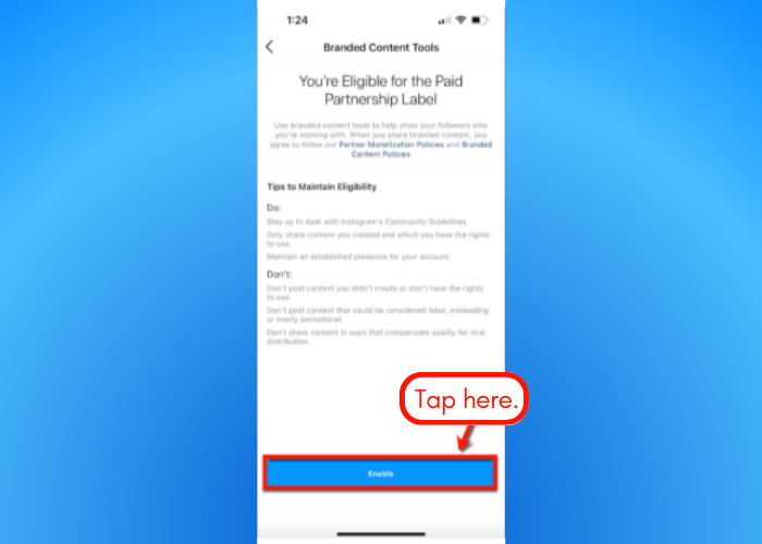 Screenshot of Instagram branded content tools.