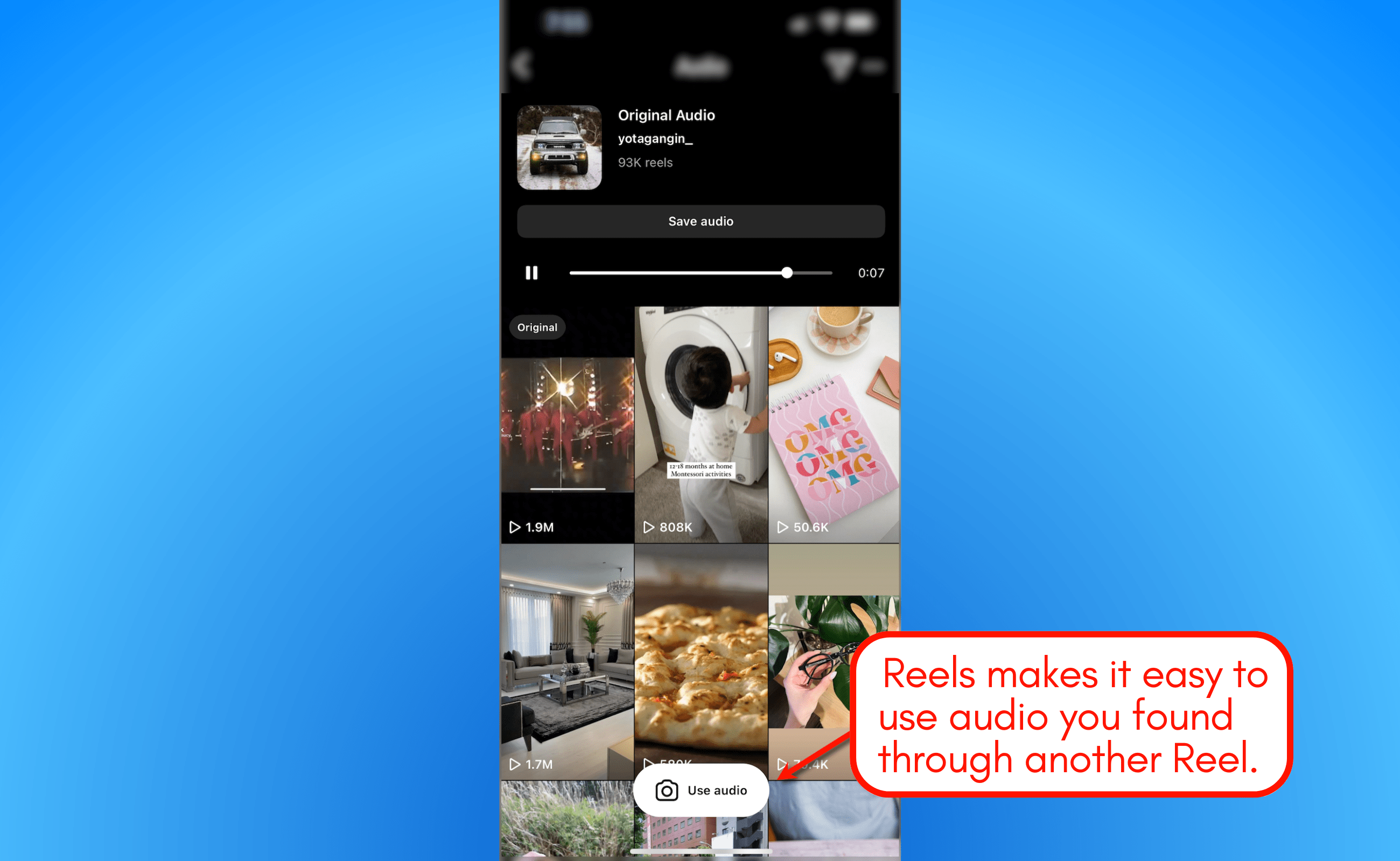 Instagram Reels vs Story, Screenshot of IG reels audio.
