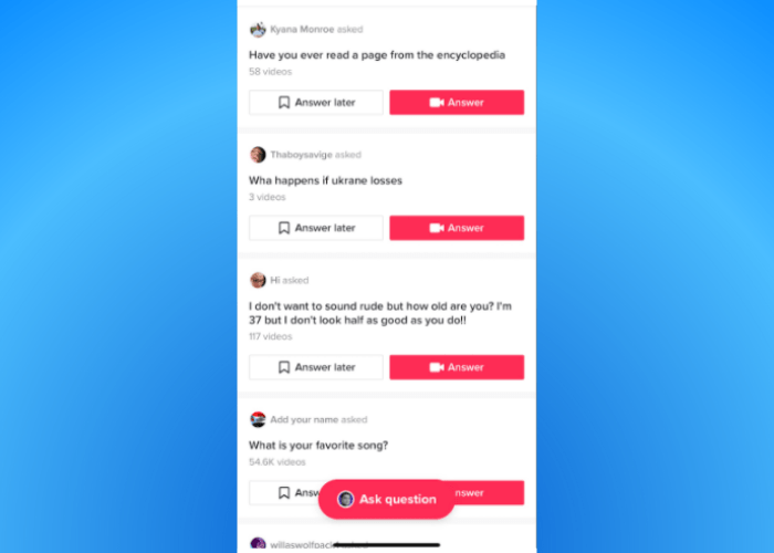 Screenshot of TikTok Q&A feature.