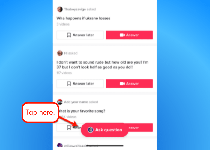 Screenshot of TikTok Ask question’ button.