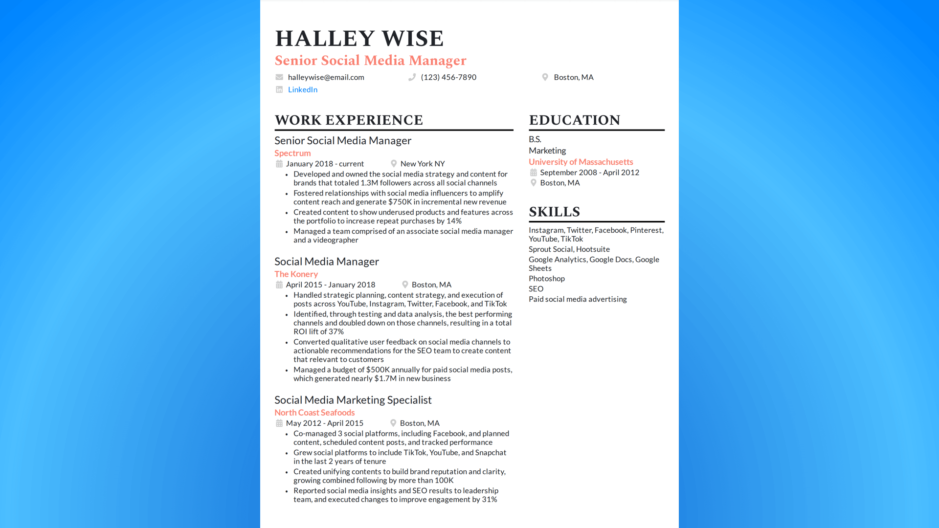 Senior social media manager resume template by BeamJobs.