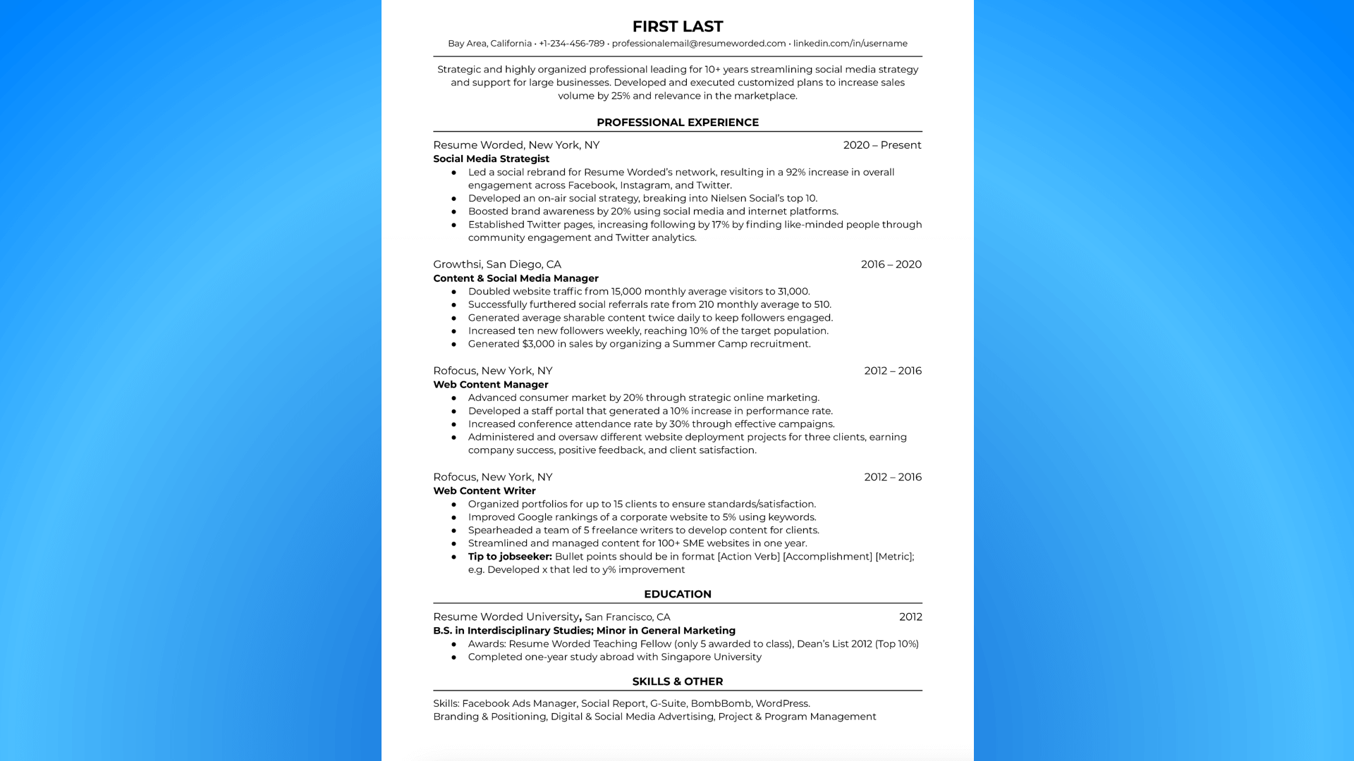 Minimalist social media strategy resume by Resume Worded