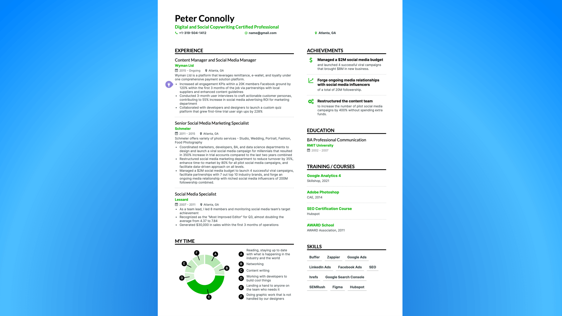 Social media and digital marketing resume by Enhancv.