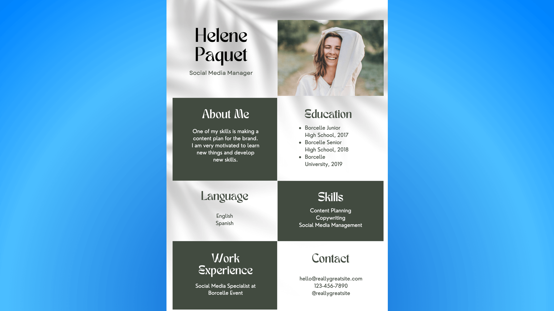 Green creative social media manager resume by Canva.