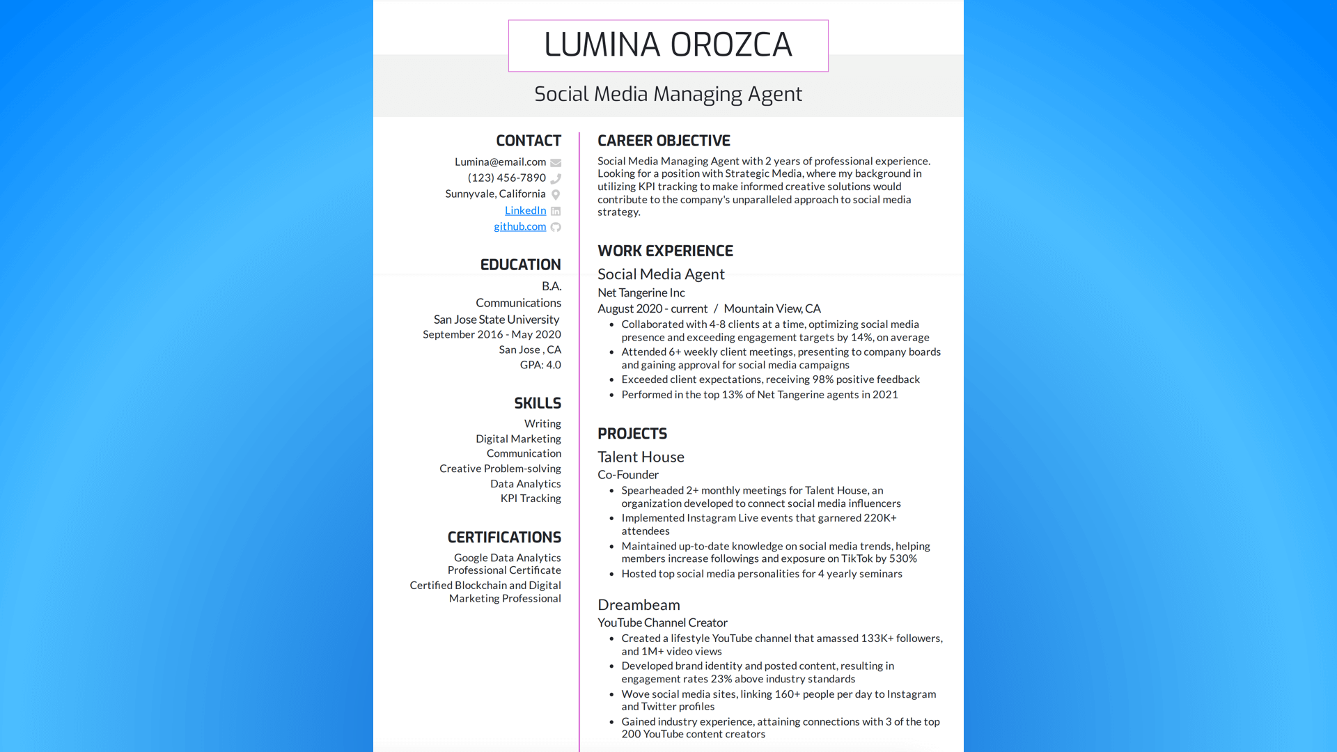 Social media managing agent resume by BeamJobs.