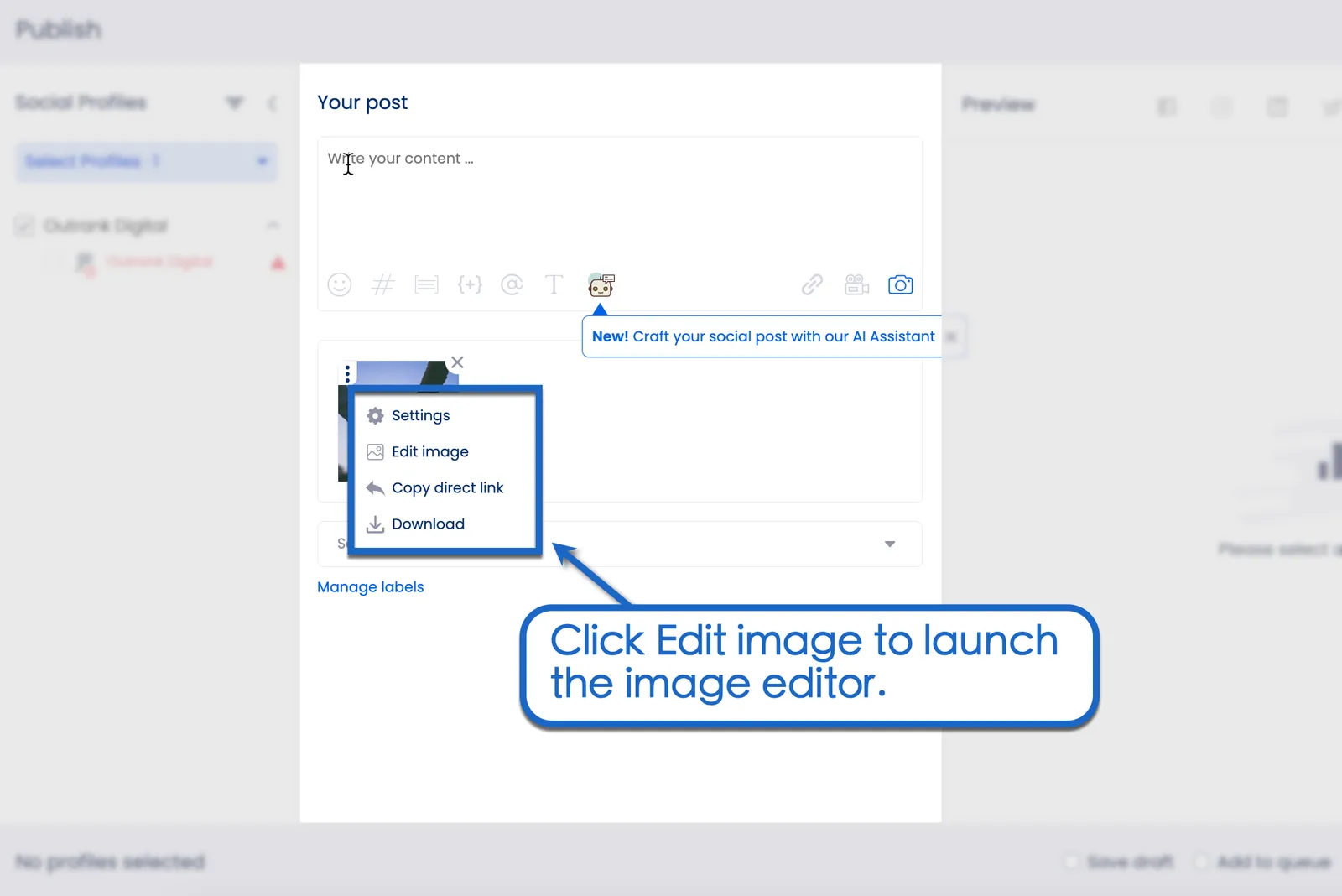 Vista Social lets you easily resize images from the publisher or via the media library. 