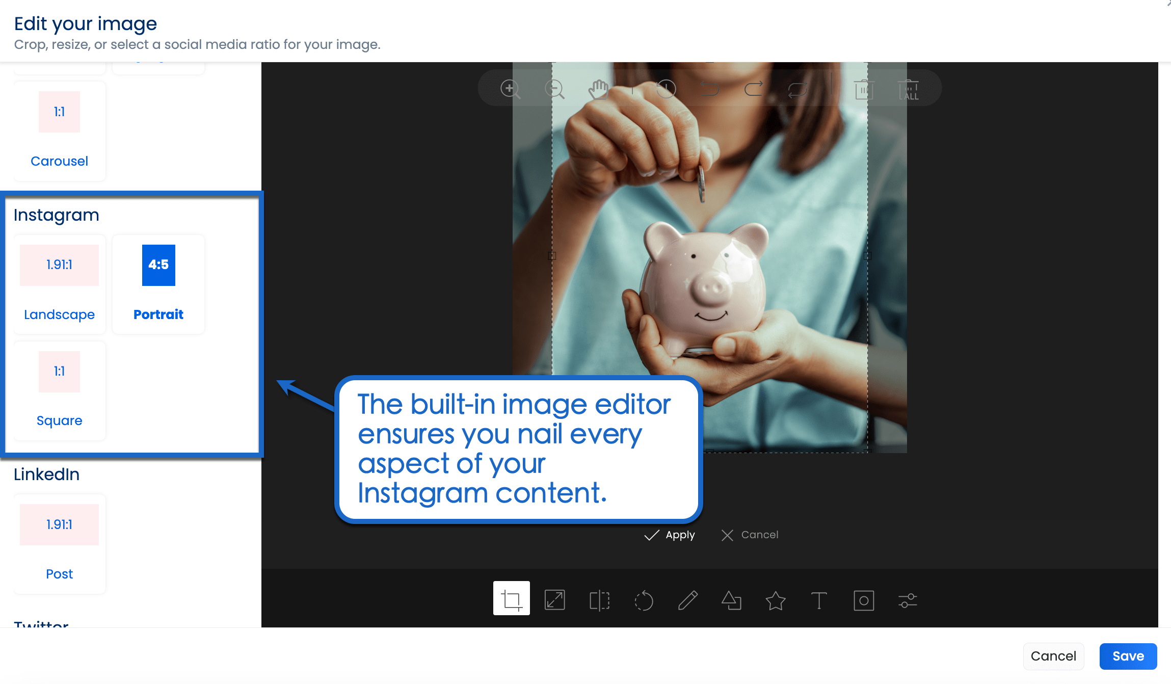 Vista Social's built-in image editor.